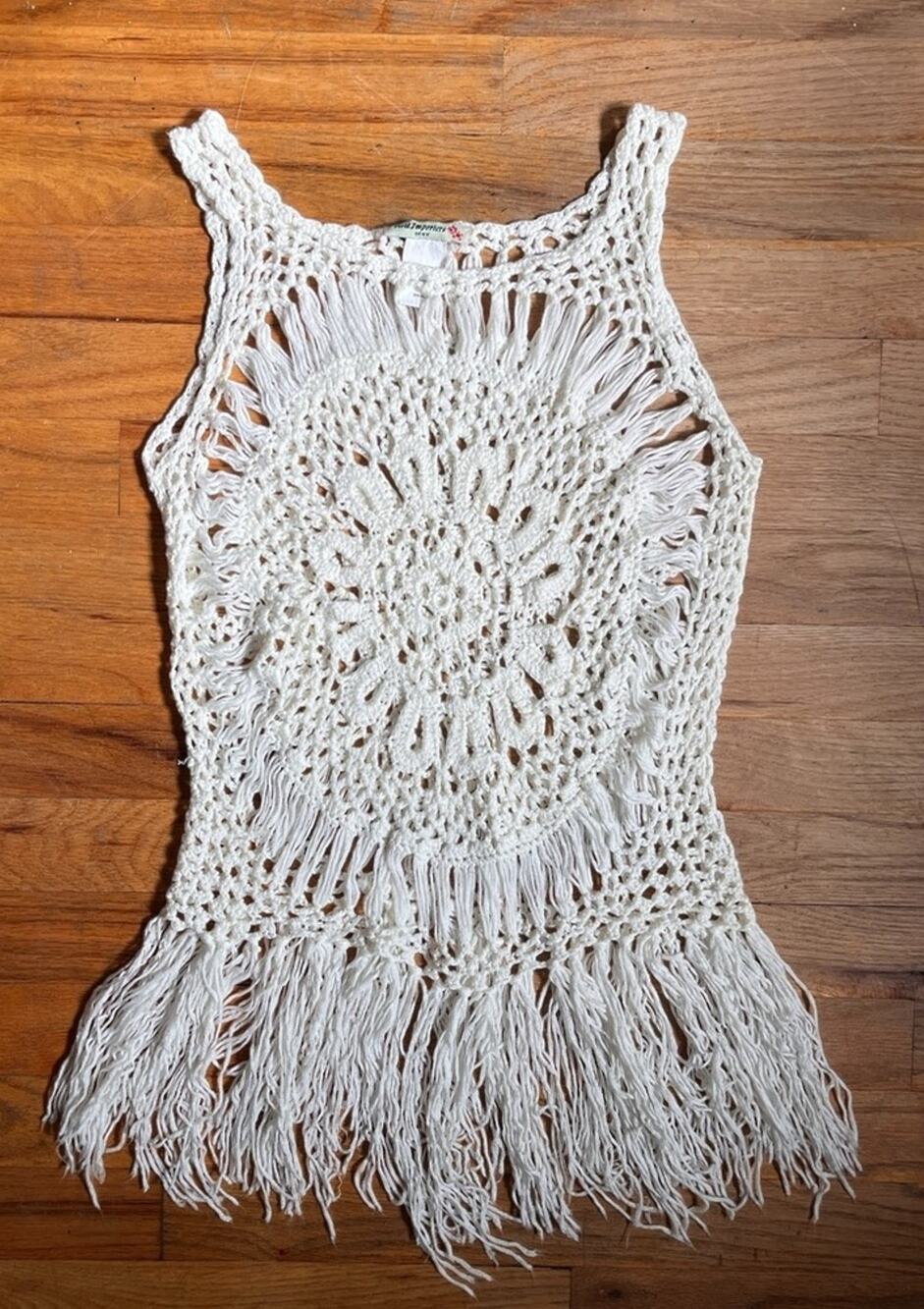 Y2K White Crochet Fringe Tank Top | Boho Festival Knit | Size S